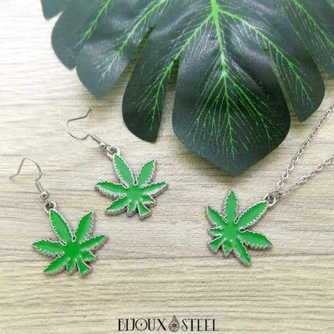 Boucles d'oreilles et collier feuilles de cannabis vertes