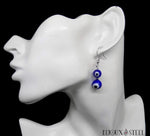 Boucles d'oreilles pendantes argentées double perle mauvais oeil bleu en acier inoxydable
