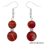 Boucles d'oreilles pendantes argentées doubles perles d'agate rouge en acier inoxydable et pierre naturelle teintée