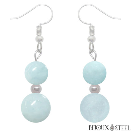 Boucles d'oreilles pendantes argentées doubles perles d'aigue-marine en pierre naturelle