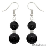 Boucles d'oreilles pendantes argentées doubles perles d'obsidienne noire en pierre naturelle et acier inoxydable