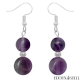 Boucles d'oreilles pendantes argentées doubles perles de fluorite violette en pierre naturelle et acier inoxydable