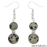Boucles d'oreilles pendantes argentées doubles perles en jaspe dalmatien pierre naturelle