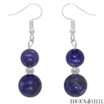 Boucles d'oreilles pendantes argentées doubles perles de lapis-lazuli en pierre naturelle et acier inoxydable