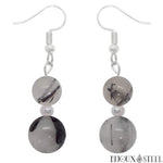 Boucles d'oreilles pendantes argentées doubles perles de quartz tourmaline en pierre naturelle et acier inoxydable