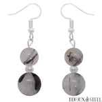 Boucles d'oreilles pendantes argentées doubles perles de quartz tourmaline en pierre naturelle et acier inoxydable