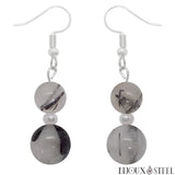 Boucles d'oreilles pendantes argentées doubles perles de quartz tourmaline en pierre naturelle et acier inoxydable