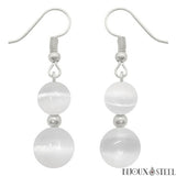 Boucles d'oreilles pendantes argentées doubles perles de sélénite en pierre naturelle et acier inoxydable