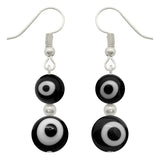 Boucles d'oreilles pendantes argentées doubles perles mauvais oeil noir et blanc