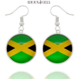 Boucles d'oreilles pendantes argentées drapeau de la Jamaïque en acier inoxydable