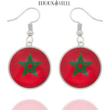 Boucles d'oreilles pendantes argentées drapeau du Maroc en acier inoxydable