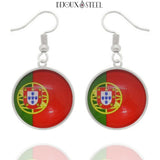 Boucles d'oreilles pendantes argentées drapeau du Portugal en acier inoxydable