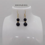 Boucles d'oreilles pendantes deux perles d'obsidienne noire en acier inoxydable doré