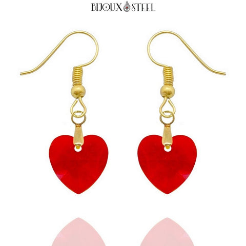 Boucles d'oreilles pendantes dorées cœurs rouges en verre et acier inoxydable