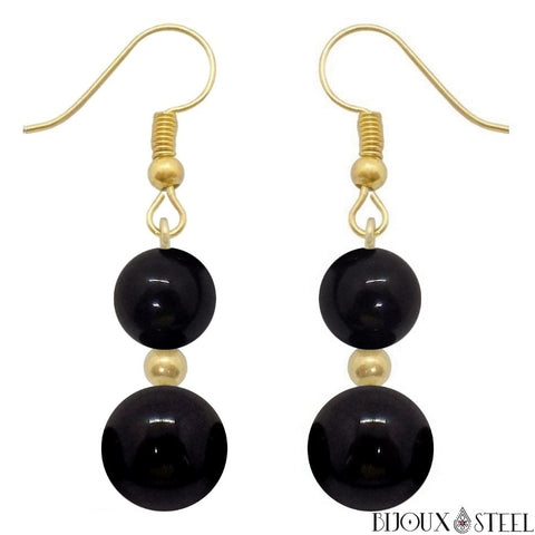 Boucles d'oreilles pendantes dorées doubles perles d'obsidienne noire en pierre naturelle et acier inoxydable