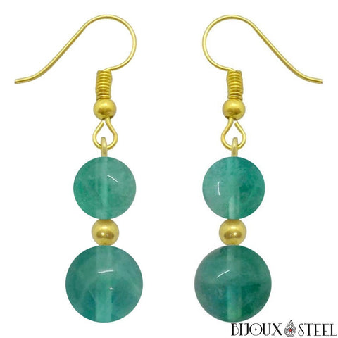 Boucles d'oreilles pendantes dorées doubles perles de fluorite bleue en pierre naturelle et acier inoxydable
