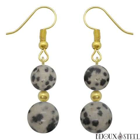 Boucles d'oreilles pendantes dorées doubles perles en jaspe dalmatien pierre naturelle