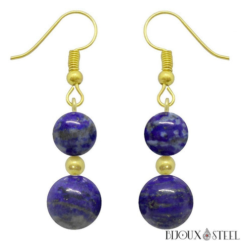 Boucles d'oreilles pendantes dorées doubles perles de lapis-lazuli en pierre naturelle et acier inoxydable