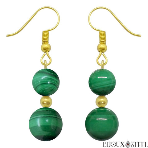 Boucles d'oreilles pendantes dorées à perles de malachite en pierre naturelle et acier inoxydable