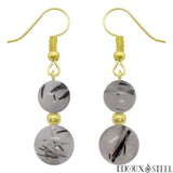 Boucles d'oreilles pendantes dorées doubles perles de quartz tourmaline en pierre naturelle et acier inoxydable