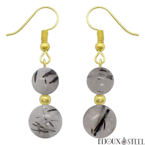 Boucles d'oreilles pendantes dorées doubles perles de quartz tourmaline en pierre naturelle et acier inoxydable