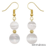 Boucles d'oreilles pendantes dorées doubles perles de sélénite en pierre naturelle et acier inoxydable
