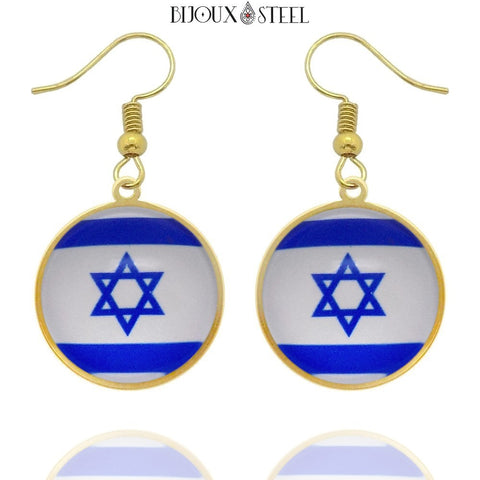 Boucles d'oreilles pendantes dorées drapeau d'Israël en acier inoxydable