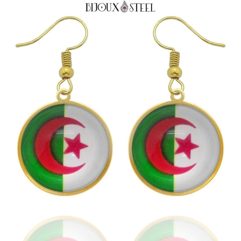 Boucles d'oreilles pendantes dorées drapeau de l'Algérie en acier inoxydable