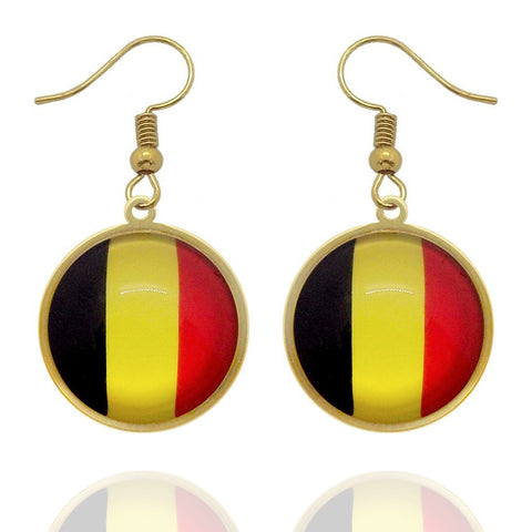 Boucles d'oreilles pendantes dorées drapeau de la Belgique en acier inoxydable