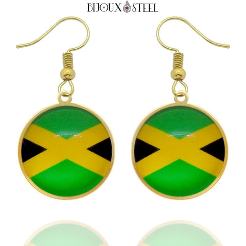 Boucles d'oreilles pendantes dorées drapeau de la Jamaïque en acier inoxydable