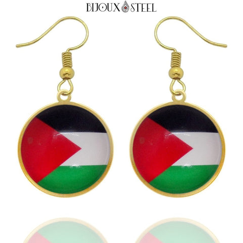 Boucles d'oreilles pendantes dorées drapeau de la Palestine en acier inoxydable