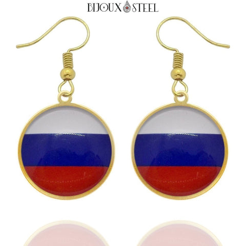 Boucles d'oreilles pendantes dorées drapeau de la Russie en acier inoxydable