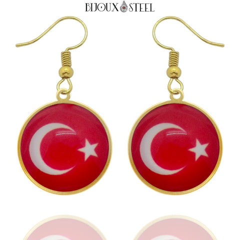 Boucles d'oreilles pendantes dorées drapeau de la Turquie en acier inoxydable