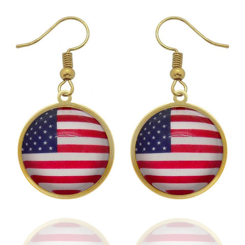 Boucles d'oreilles pendantes dorées drapeau des États-Unis en acier inoxydable