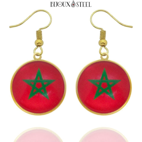 Boucles d'oreilles pendantes dorées drapeau du Maroc en acier inoxydable