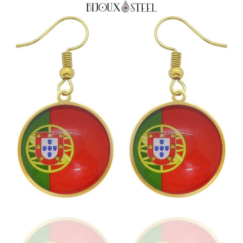 Boucles d'oreilles pendantes dorées drapeau du Portugal en acier inoxydable