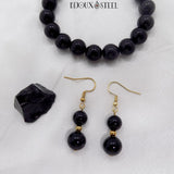 Boucles d'oreilles pendantes dorées et bracelet en pierre naturelle d'obsidienne noire 