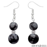 Boucles d'oreilles pendantes argentées doubles perles d'obsidienne neige pierre naturelle et acier inoxydable