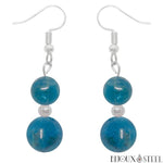 Boucles d'oreilles pendantes doubles perles d'apatite bleue en pierre naturelle