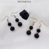 Boucles d'oreilles pendantes doubles perles d'obsidienne noire