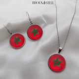 Boucles d'oreilles et collier à pendentif drapeau du Maroc en résine et acier inoxydable argenté