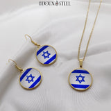 Boucles d'oreilles pendantes et collier à pendentif drapeau d'israël sous cabochon en résine