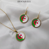 Boucles d'oreilles pendantes et collier à pendentif dorés aux couleurs du drapeau Algérien