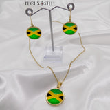 Boucles d'oreilles pendantes et collier à pendentif dorés drapeau de la Jamaïque