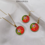 Boucles d'oreilles pendantes et collier à pendentif drapeau du Portugal sous cabochon en résine et acier inoxydable
