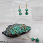 Boucles d'oreilles pendantes et collier dorés en pierre de malachite et acier inoxydable