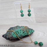 Boucles d'oreilles pendantes et collier dorés en pierre de malachite et acier inoxydable