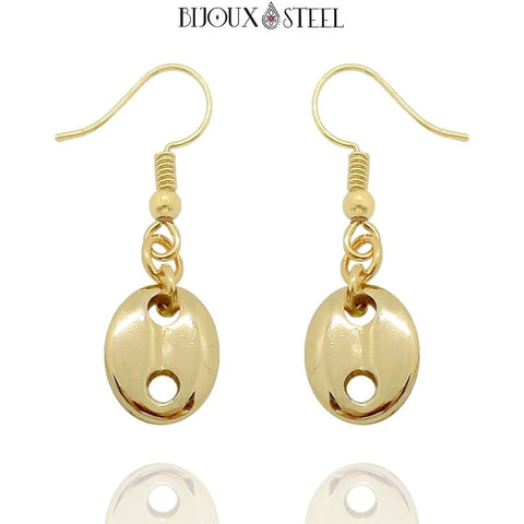 Boucles d'oreilles pendantes grains de café dorées en acier inoxydable