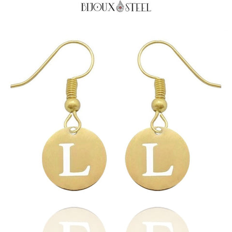 Boucles d'oreilles pendantes médailles dorées initiale personnalisée en acier inoxydable