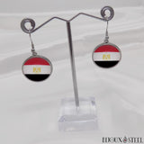 Boucles d'oreilles pendantes rondes drapeau de l'Egypte en résine et acier inoxydable argenté
